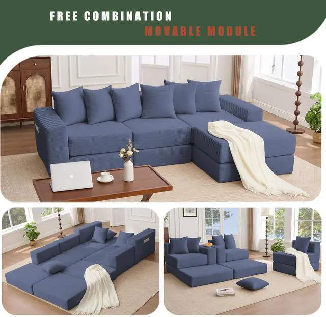 Alt view image 2 of 7 - [NEW ARRIVED] [VIDEO PROVIDED]10-in-1 Convertible Sofa Sectional ,Corner Couch , Convertible Floor Sleeper Sofa,Corduroy,Side Pocket,No Assembly,DIY,L Shaped Modular Sofa,6 Pillows,Blue