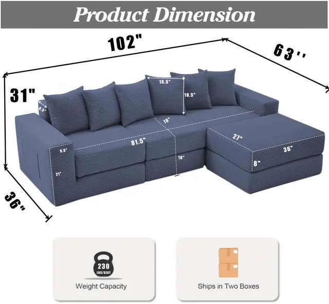 Alt view image 5 of 7 - [NEW ARRIVED] [VIDEO PROVIDED]10-in-1 Convertible Sofa Sectional ,Corner Couch , Convertible Floor Sleeper Sofa,Corduroy,Side Pocket,No Assembly,DIY,L Shaped Modular Sofa,6 Pillows,Blue