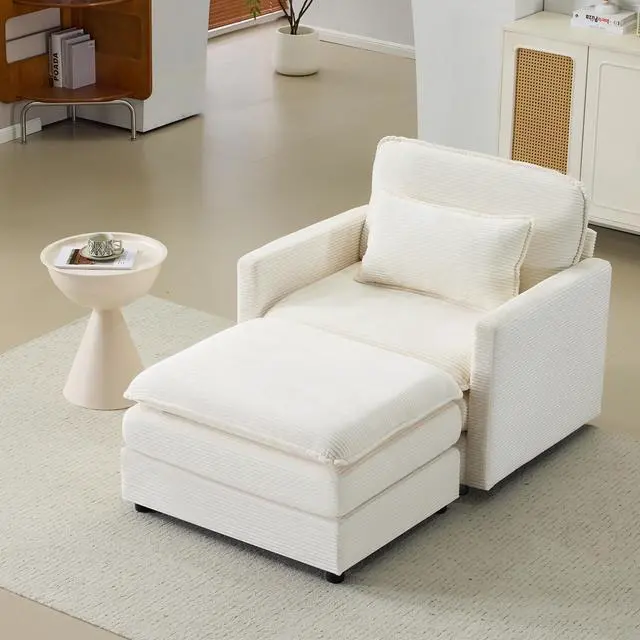 Main image of 54" Plush Cloud Sofa: Modular Single + Ottoman Sofa with 22" Beige Chenille Cushions + 1 Throw Pillows - Compact Size for Apartment, Living Room, Bedroom (Beige)