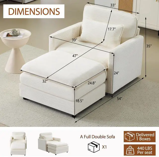 Alt view image 2 of 7 - 54" Plush Cloud Sofa: Modular Single + Ottoman Sofa with 22" Beige Chenille Cushions + 1 Throw Pillows - Compact Size for Apartment, Living Room, Bedroom (Beige)