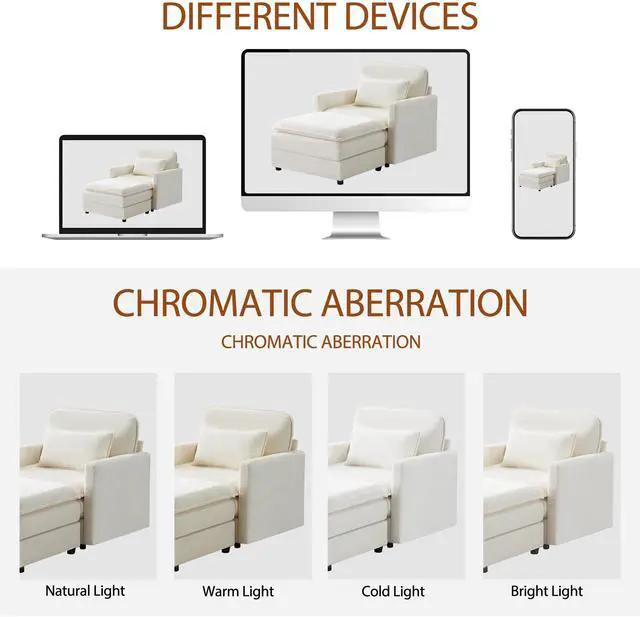 Alt view image 7 of 7 - 54" Plush Cloud Sofa: Modular Single + Ottoman Sofa with 22" Beige Chenille Cushions + 1 Throw Pillows - Compact Size for Apartment, Living Room, Bedroom (Beige)