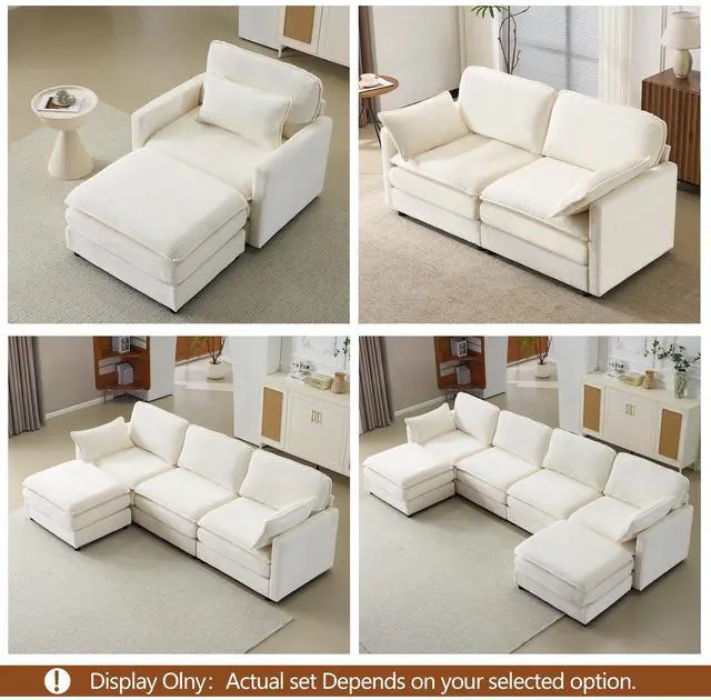Alt view image 5 of 7 - 54" Plush Cloud Sofa: Modular Single + Ottoman Sofa with 22" Beige Chenille Cushions + 1 Throw Pillows - Compact Size for Apartment, Living Room, Bedroom (Beige)