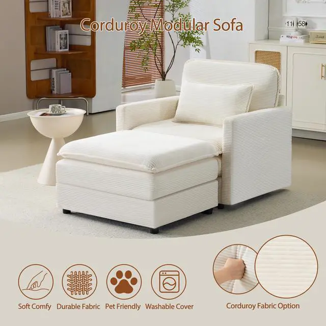 Alt view image 4 of 7 - 54" Plush Cloud Sofa: Modular Single + Ottoman Sofa with 22" Beige Chenille Cushions + 1 Throw Pillows - Compact Size for Apartment, Living Room, Bedroom (Beige)