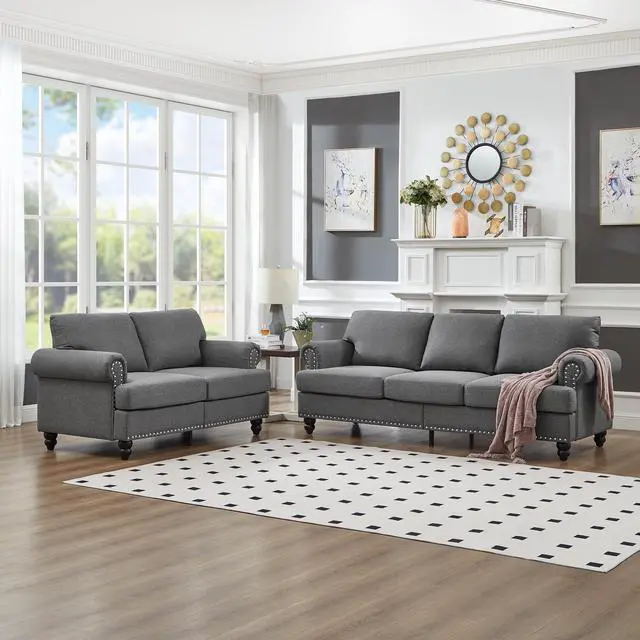Alt view image 2 of 7 - Modern Classic Design with Nails Living Room 2+3 seater Sofa Fabric Couch,Upholstered Polyester Grey.