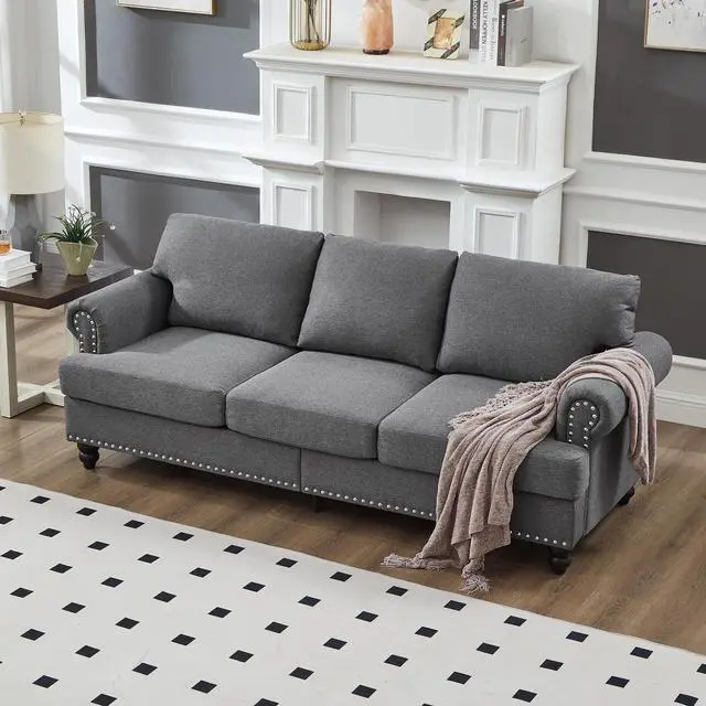 Alt view image 5 of 7 - Modern Classic Design with Nails Living Room 2+3 seater Sofa Fabric Couch,Upholstered Polyester Grey.