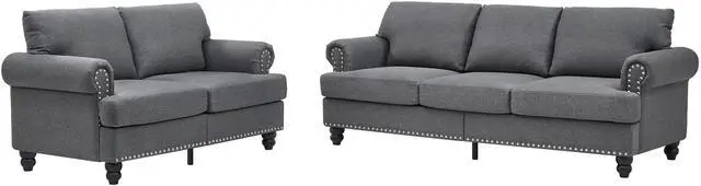 Alt view image 3 of 7 - Modern Classic Design with Nails Living Room 2+3 seater Sofa Fabric Couch,Upholstered Polyester Grey.