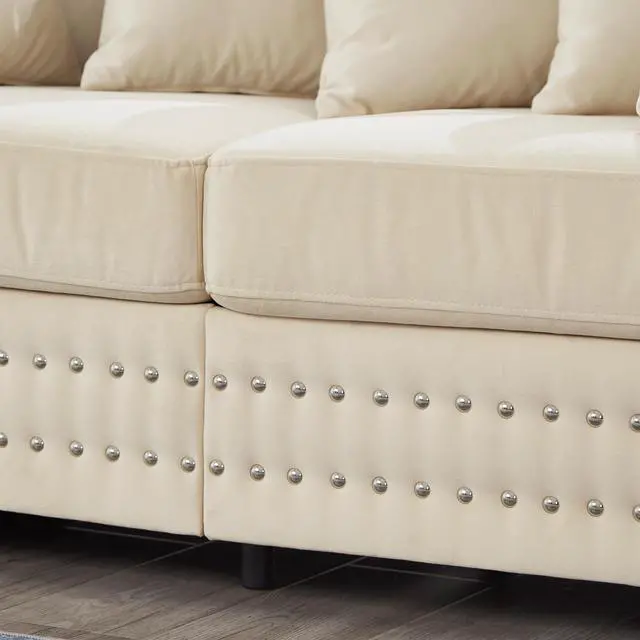 Alt view image 6 of 7 - Modern Design Living Room Sofa Square armrest with Silver Nails Decoration Upholstered Velvet Couch Apricot