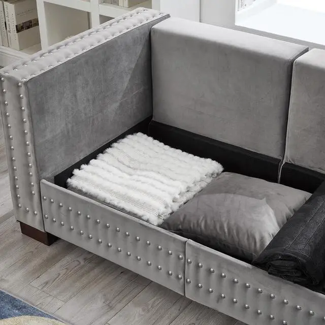 Alt view image 7 of 7 - Modern Design Living Room Sofa 2+3 Seater Square armrest with Silver Nails Decoration Upholstered Velvet Couch Grey