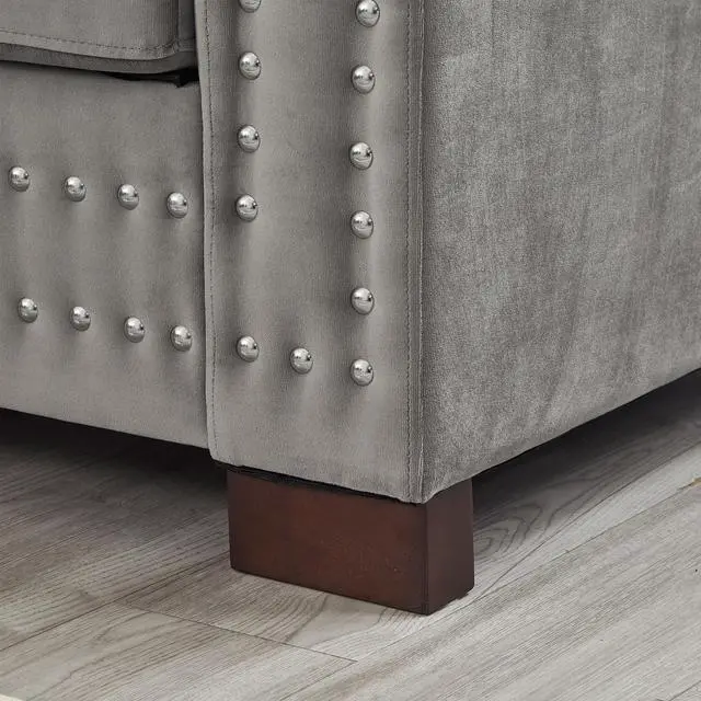 Alt view image 4 of 7 - Modern Design Living Room Sofa 2+3 Seater Square armrest with Silver Nails Decoration Upholstered Velvet Couch Grey