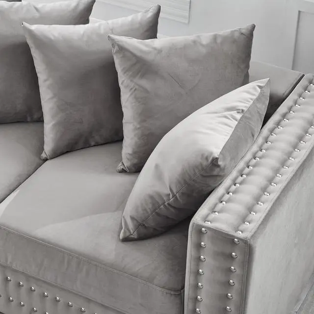 Alt view image 6 of 7 - Modern Design Living Room Sofa 2+3 Seater Square armrest with Silver Nails Decoration Upholstered Velvet Couch Grey