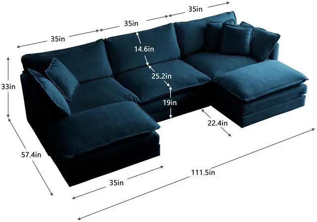 Alt view image 5 of 7 - U-Shaped Sectional Sofa w/Reversible Footrest, 5-Seater Convertible Corner Couch with 2 Ottomans ,Modern Minimalist Soft Sofa & Couch for Living Room , Blue Chenille