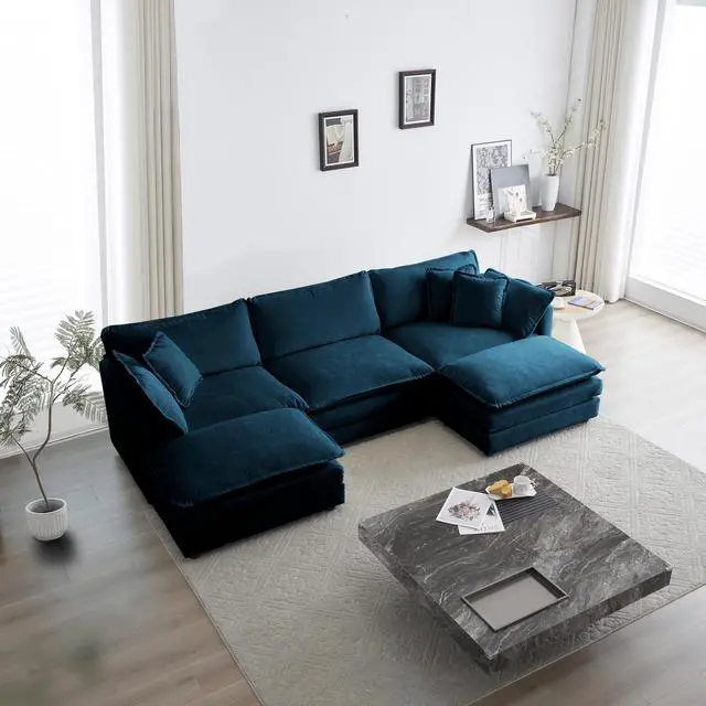 Alt view image 2 of 7 - U-Shaped Sectional Sofa w/Reversible Footrest, 5-Seater Convertible Corner Couch with 2 Ottomans ,Modern Minimalist Soft Sofa & Couch for Living Room , Blue Chenille