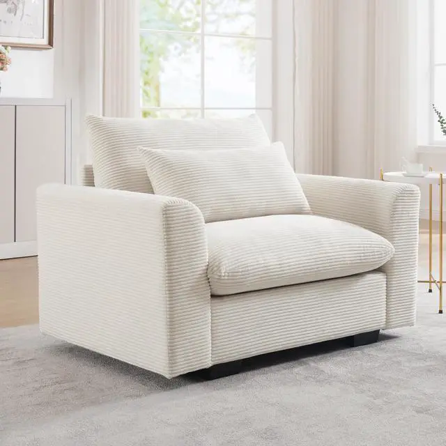 Alt view image 3 of 7 - Beige Corduroy Deep Seat Single Sofa Accent Chair,Deep Seat Couch with Waist Pillow for Living Room/Apartment/Office