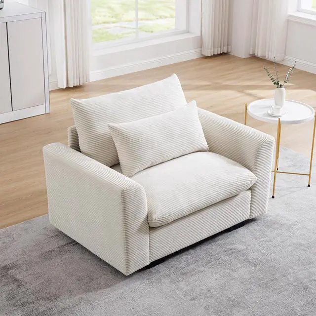 Main image of Beige Corduroy Deep Seat Single Sofa Accent Chair,Deep Seat Couch with Waist Pillow for Living Room/Apartment/Office