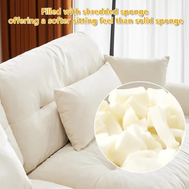 Alt view image 7 of 7 - Over Size Modern Two-seater Sofa with Ottoman, Velvet 2-Seater with Round Bolster Armrests,With Waist Pillow and Throw Pillows,Small L Shape Sofa For Living Room, Reading Room , Loft and Bedroom,Cream