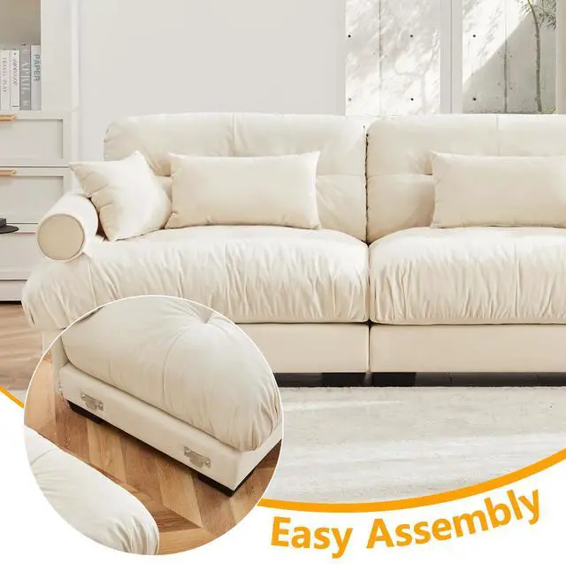 Alt view image 5 of 7 - Over Size Modern Two-seater Sofa with Ottoman, Velvet 2-Seater with Round Bolster Armrests,With Waist Pillow and Throw Pillows,Small L Shape Sofa For Living Room, Reading Room , Loft and Bedroom,Cream