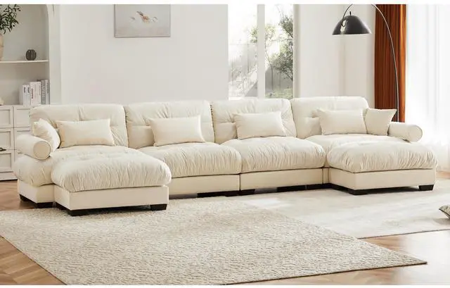 Alt view image 2 of 7 - U Shaped Sectional Sofa Cloud Couch with Movable Ottomans,Convertible Deep 4 Seater Modern Velvet Comfy Upholstered Corner Couch with Blostered Armrests, Waist Pillow and Throw Pillows,Cream