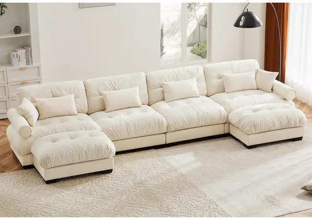 Main image of U Shaped Sectional Sofa Cloud Couch with Movable Ottomans,Convertible Deep 4 Seater Modern Velvet Comfy Upholstered Corner Couch with Blostered Armrests, Waist Pillow and Throw Pillows,Cream