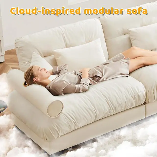 Alt view image 6 of 7 - U Shaped Sectional Sofa Cloud Couch with Movable Ottomans,Convertible Deep 4 Seater Modern Velvet Comfy Upholstered Corner Couch with Blostered Armrests, Waist Pillow and Throw Pillows,Cream