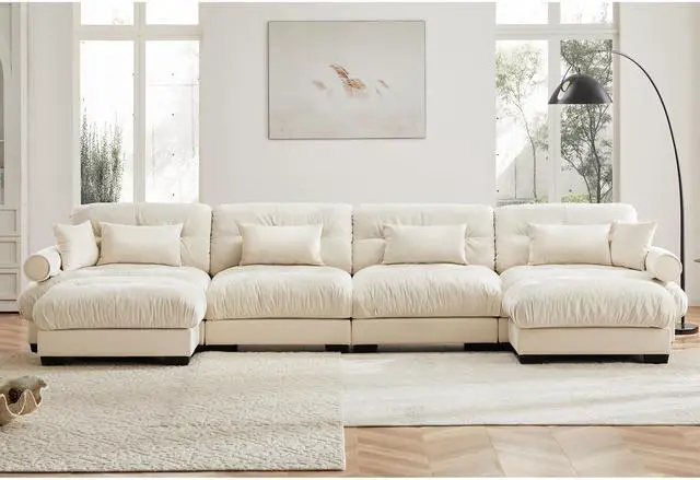 Alt view image 3 of 7 - U Shaped Sectional Sofa Cloud Couch with Movable Ottomans,Convertible Deep 4 Seater Modern Velvet Comfy Upholstered Corner Couch with Blostered Armrests, Waist Pillow and Throw Pillows,Cream