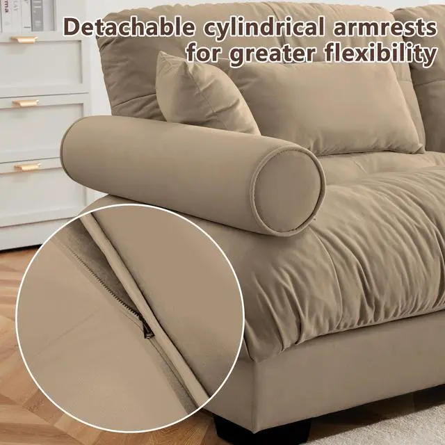 Alt view image 6 of 7 - Over Size Modern Two-seater Sofa with Ottoman, Velvet 2-Seater with Round Bolster Armrests,With Waist Pillow and Throw Pillows, Reading Room , Loft and Bedroom,Camel