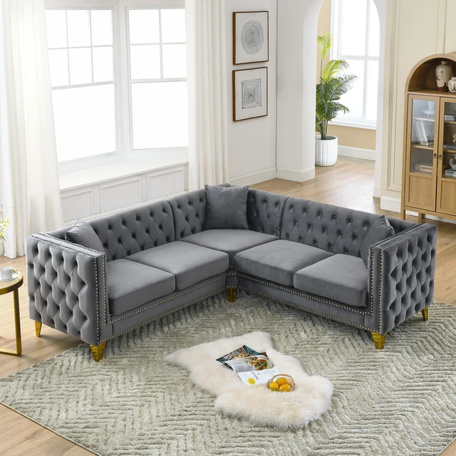 Main image of 82.2-Inch Velvet Corner Sofa , L-Shaped Sectional Couch, 5-Seater Corner Sofas with 3 Cushions for Living Room, Bedroom, Apartment, Office