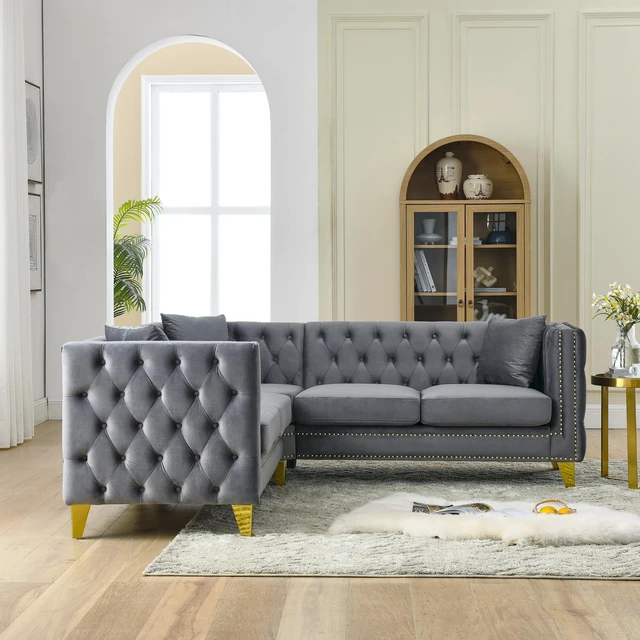 Alt view image 2 of 7 - 82.2-Inch Velvet Corner Sofa , L-Shaped Sectional Couch, 5-Seater Corner Sofas with 3 Cushions for Living Room, Bedroom, Apartment, Office