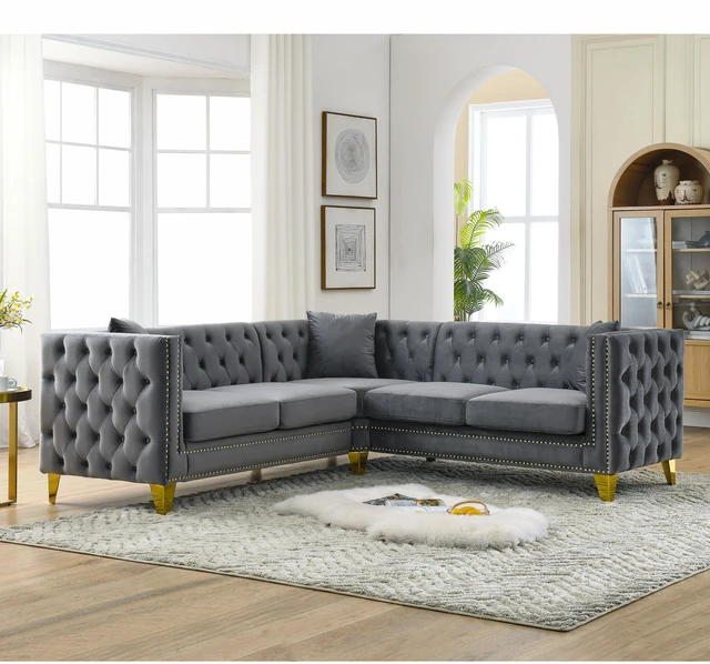 Alt view image 3 of 7 - 82.2-Inch Velvet Corner Sofa , L-Shaped Sectional Couch, 5-Seater Corner Sofas with 3 Cushions for Living Room, Bedroom, Apartment, Office