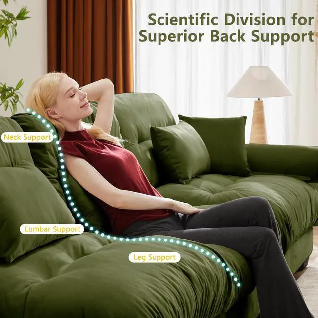 Alt view image 5 of 7 - Large Size Modern Two-seater Sofa with Bolstered Armrests,Velvet 2-Seater Sofa With Waist Pillows and Throw Pillows , Suitable for Living Room , Loft, Working Spaces , Hallway and Bedroom,Olive green