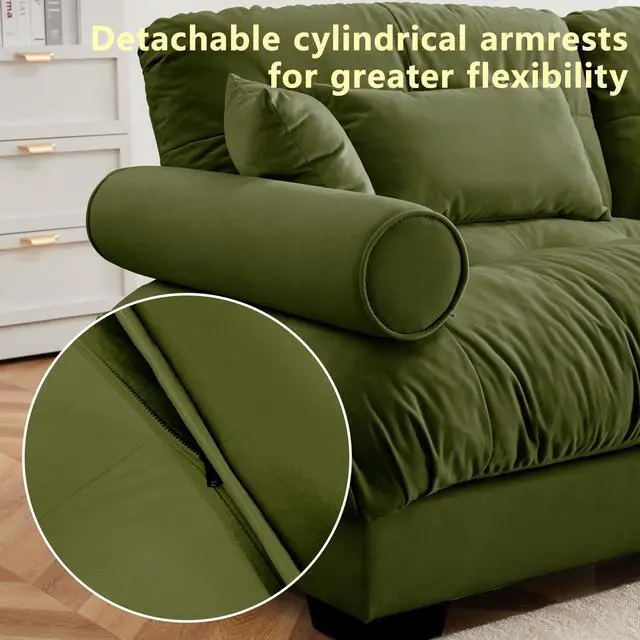 Alt view image 6 of 7 - Large Size Modern Two-seater Sofa with Bolstered Armrests,Velvet 2-Seater Sofa With Waist Pillows and Throw Pillows , Suitable for Living Room , Loft, Working Spaces , Hallway and Bedroom,Olive green