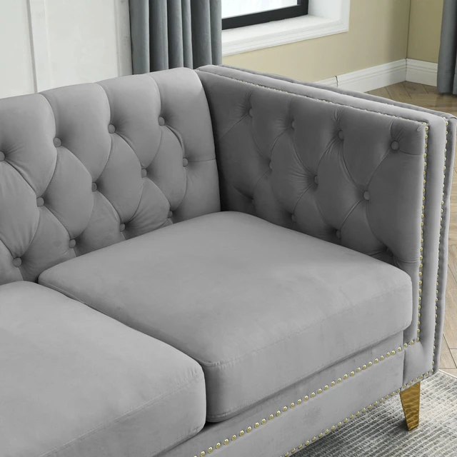 Alt view image 7 of 7 - 82.2-Inch Velvet Corner Sofa , L-Shaped Sectional Couch, 5-Seater Corner Sofas with 3 Cushions for Living Room, Bedroom, Apartment, Office