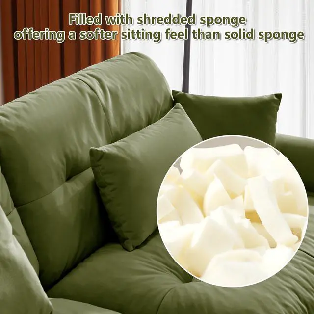 Alt view image 7 of 7 - Large Size Modern Two-seater Sofa with Bolstered Armrests,Velvet 2-Seater Sofa With Waist Pillows and Throw Pillows , Suitable for Living Room , Loft, Working Spaces , Hallway and Bedroom,Olive green