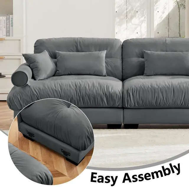 Alt view image 5 of 7 - Super Comfort Oversized Modular Velvet Sectional Sofa Couch with Movable Ottoman,Corner Sectional with Bolstered Armrests, Deep Seat Cloud Couch, Convertible L Shaped Couch for Living Room Grey