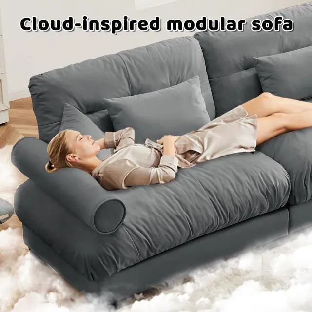 Alt view image 6 of 7 - Super Comfort Oversized Modular Velvet Sectional Sofa Couch with Movable Ottoman,Corner Sectional with Bolstered Armrests, Deep Seat Cloud Couch, Convertible L Shaped Couch for Living Room Grey