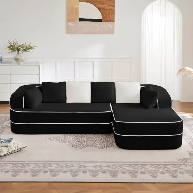 Alt view image 2 of 7 - 106" Teddy Fabric No Assembly 32D Boneless Sofa,Contrast color design,Fluffy Comfy Couch with L-Shaped Chaise,for Living Room,Black