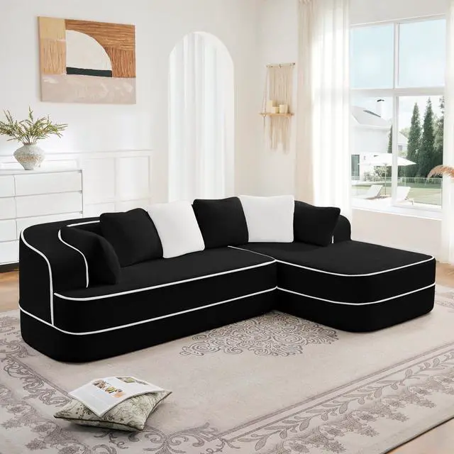 Main image of 106" Teddy Fabric No Assembly 32D Boneless Sofa,Contrast color design,Fluffy Comfy Couch with L-Shaped Chaise,for Living Room,Black