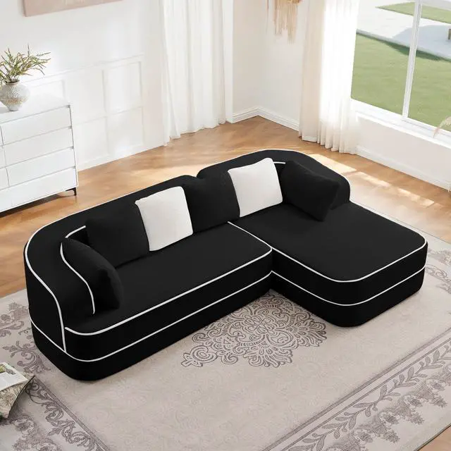 Alt view image 3 of 7 - 106" Teddy Fabric No Assembly 32D Boneless Sofa,Contrast color design,Fluffy Comfy Couch with L-Shaped Chaise,for Living Room,Black