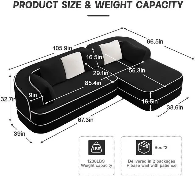 Alt view image 4 of 7 - 106" Teddy Fabric No Assembly 32D Boneless Sofa,Contrast color design,Fluffy Comfy Couch with L-Shaped Chaise,for Living Room,Black