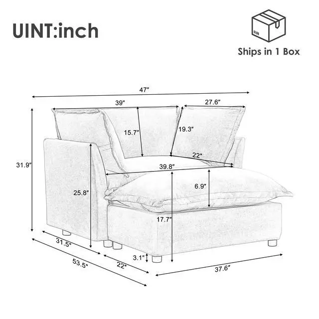 Alt view image 2 of 7 - Modern Armchair Sofa 47" Cozy Upholstered Sofa Chair with Movable Ottoman, Wide Seat, Curved Armrests and Soft Pillows for Living Room, Bedroom, Black