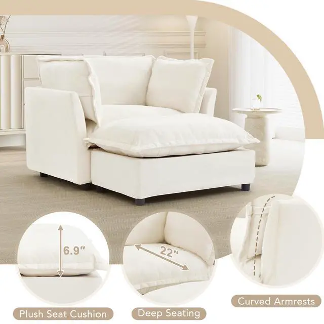 Alt view image 6 of 7 - Modern Armchair Sofa 47" Cozy Upholstered Sofa Chair with Movable Ottoman, Wide Seat, Curved Armrests and Soft Pillows for Living Room, Bedroom,Beige