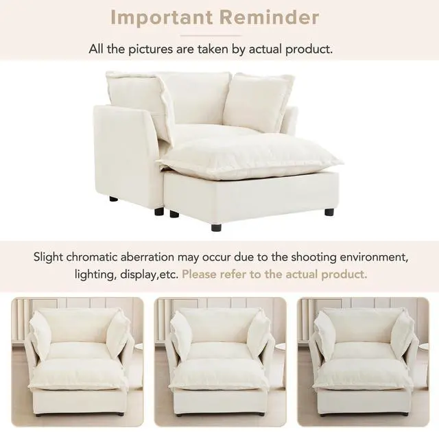 Alt view image 7 of 7 - Modern Armchair Sofa 47" Cozy Upholstered Sofa Chair with Movable Ottoman, Wide Seat, Curved Armrests and Soft Pillows for Living Room, Bedroom,Beige