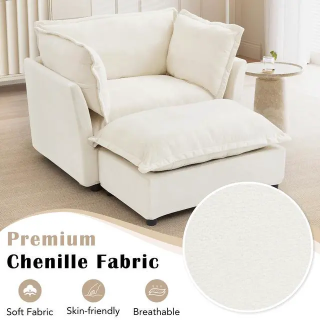 Alt view image 5 of 7 - Modern Armchair Sofa 47" Cozy Upholstered Sofa Chair with Movable Ottoman, Wide Seat, Curved Armrests and Soft Pillows for Living Room, Bedroom,Beige