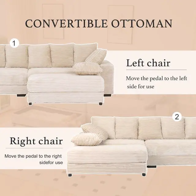 Alt view image 3 of 7 - 108.6" Sectional Sofa, Thickened Corduroy Sectional Couches For Living Room,comfortable L-shaped Chaise Sectional Sofa With Storage Ottoman,Eight Throw Pillows,Beige