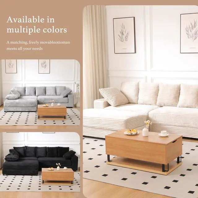 Alt view image 5 of 7 - 108.6" Sectional Sofa, Thickened Corduroy Sectional Couches For Living Room,comfortable L-shaped Chaise Sectional Sofa With Storage Ottoman,Eight Throw Pillows,Beige