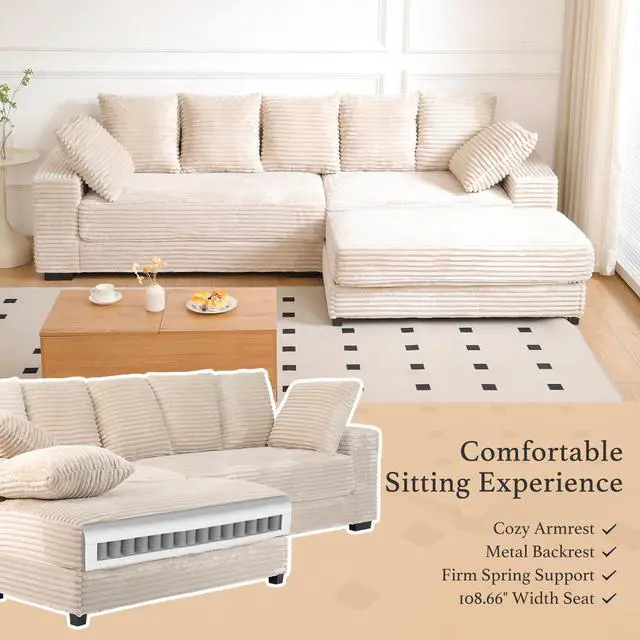 Alt view image 4 of 7 - 108.6" Sectional Sofa, Thickened Corduroy Sectional Couches For Living Room,comfortable L-shaped Chaise Sectional Sofa With Storage Ottoman,Eight Throw Pillows,Beige