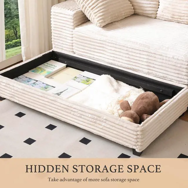 Alt view image 6 of 7 - 108.6" Sectional Sofa, Thickened Corduroy Sectional Couches For Living Room,comfortable L-shaped Chaise Sectional Sofa With Storage Ottoman,Eight Throw Pillows,Beige