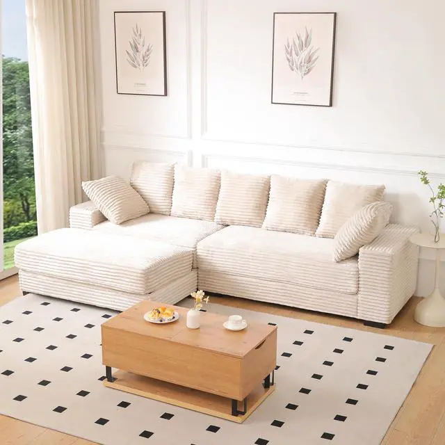 Alt view image 2 of 7 - 108.6" Sectional Sofa, Thickened Corduroy Sectional Couches For Living Room,comfortable L-shaped Chaise Sectional Sofa With Storage Ottoman,Eight Throw Pillows,Beige