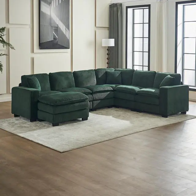 Alt view image 4 of 7 - Modern U Shaped 6-seat Sectional Sofa Couch with one Ottoman and three toss pillows ,Modular Sofa for Living Room,Corduroy sofa
