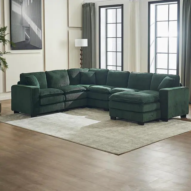Alt view image 7 of 7 - Modern U Shaped 6-seat Sectional Sofa Couch with one Ottoman and three toss pillows ,Modular Sofa for Living Room,Corduroy sofa