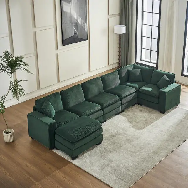 Alt view image 3 of 7 - Modern U Shaped 6-seat Sectional Sofa Couch with one Ottoman and three toss pillows ,Modular Sofa for Living Room,Corduroy sofa